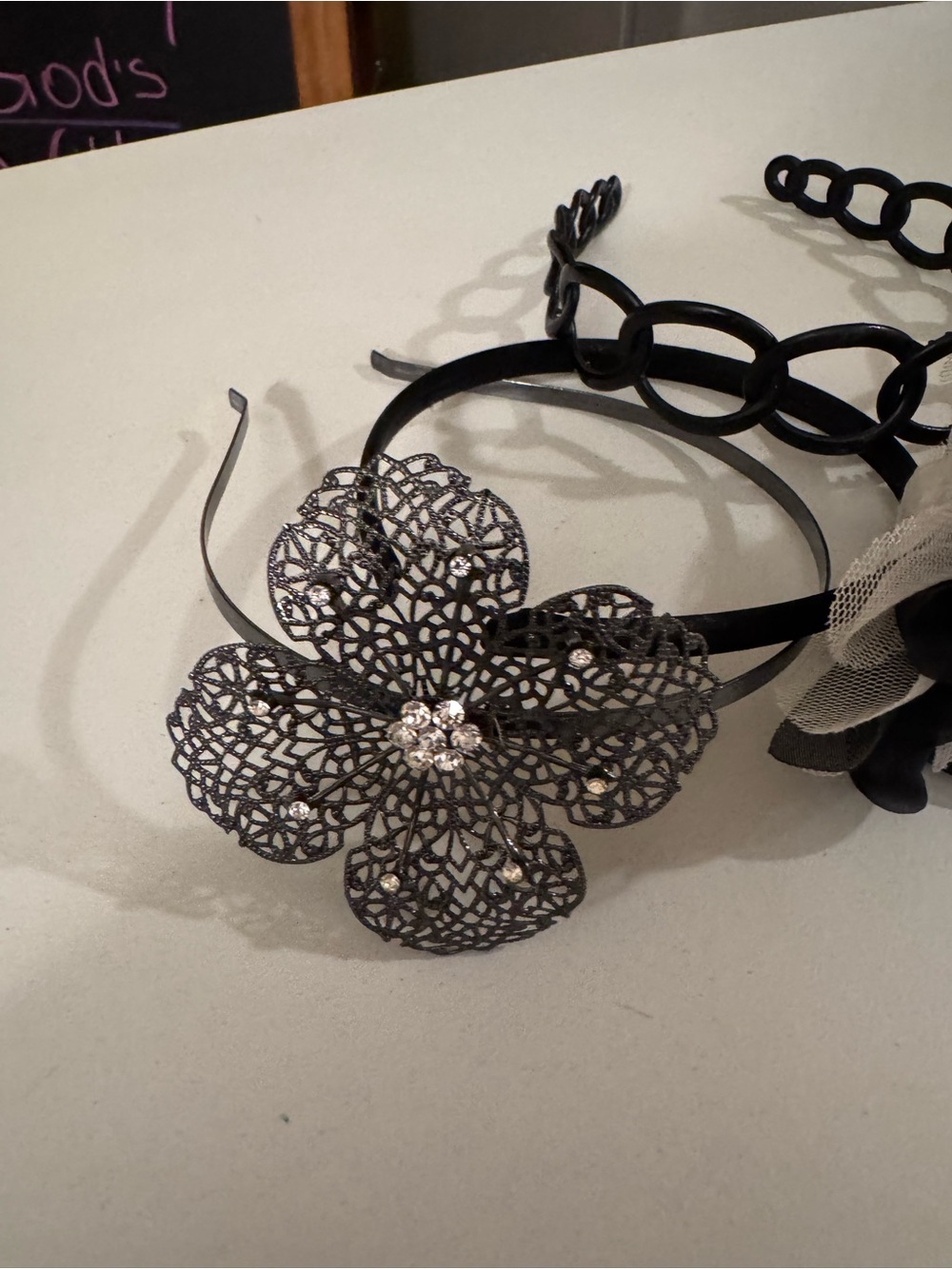 3 pieces Black Floral Filigree Headband with Rhinestone Accent